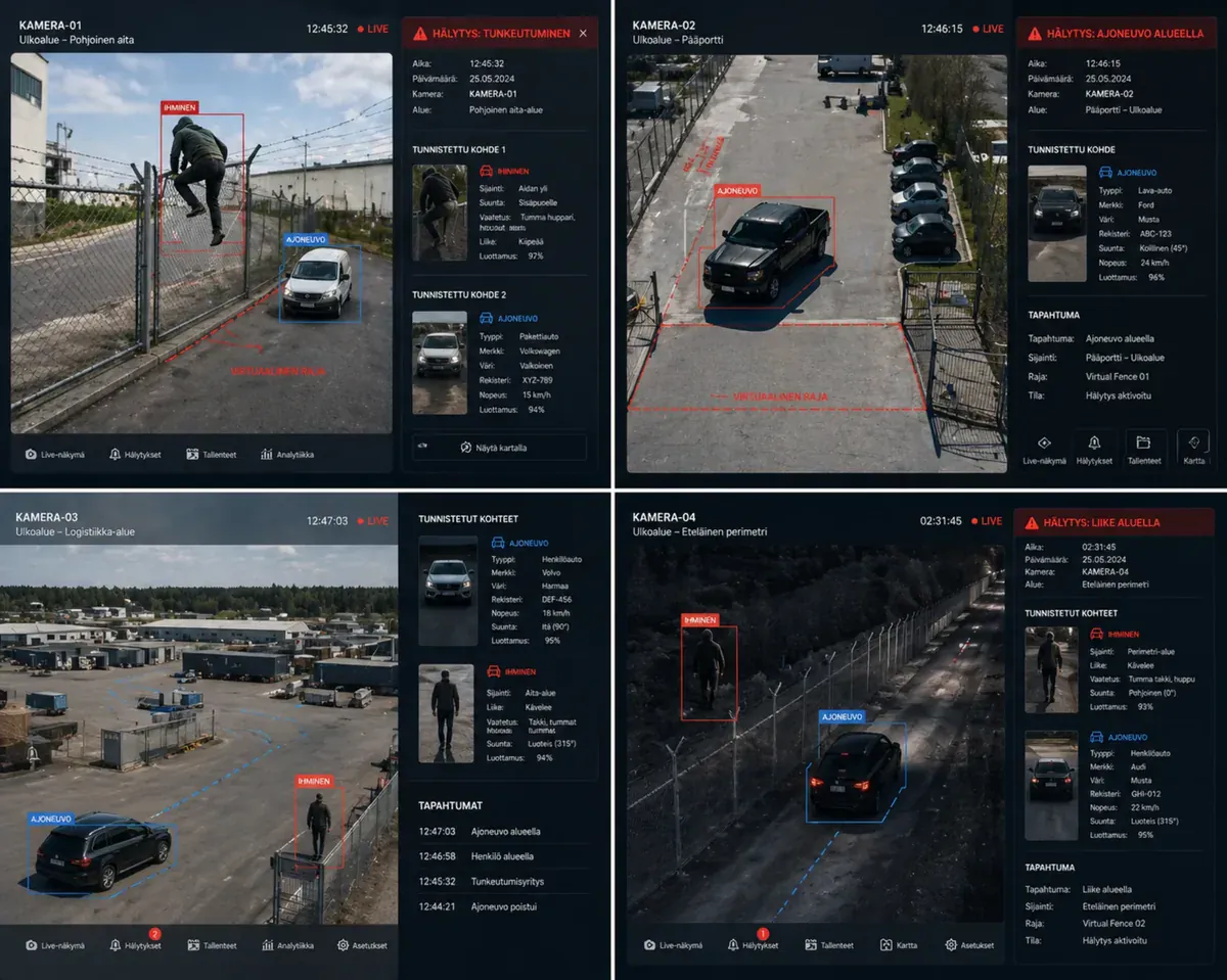 AI-kameravalvonta – teräväpiirtokuva, automaattinen tunnistus, reaaliaikaiset hälytykset